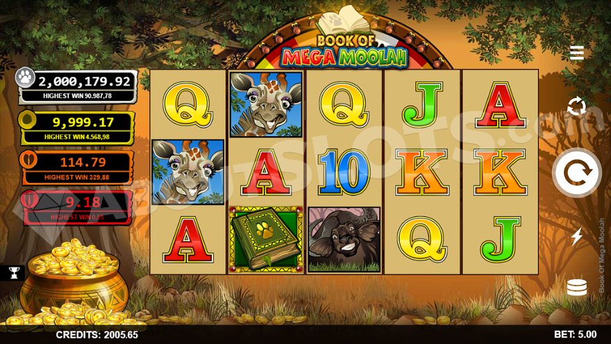 Five reels with animal and royal symbols in Book of Mega Moolah slot