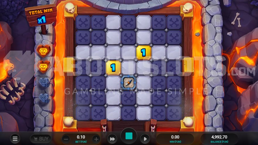 Bone Raiders 7x7 grid with coin symbols and blockers