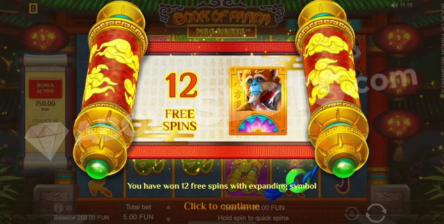 Screenshot of symbol selection before free spins in Book of Panda Megaways