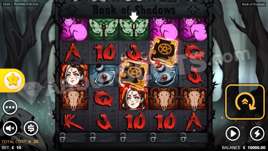 Base game display with 5 unlocked rows in Book of Shadows slot