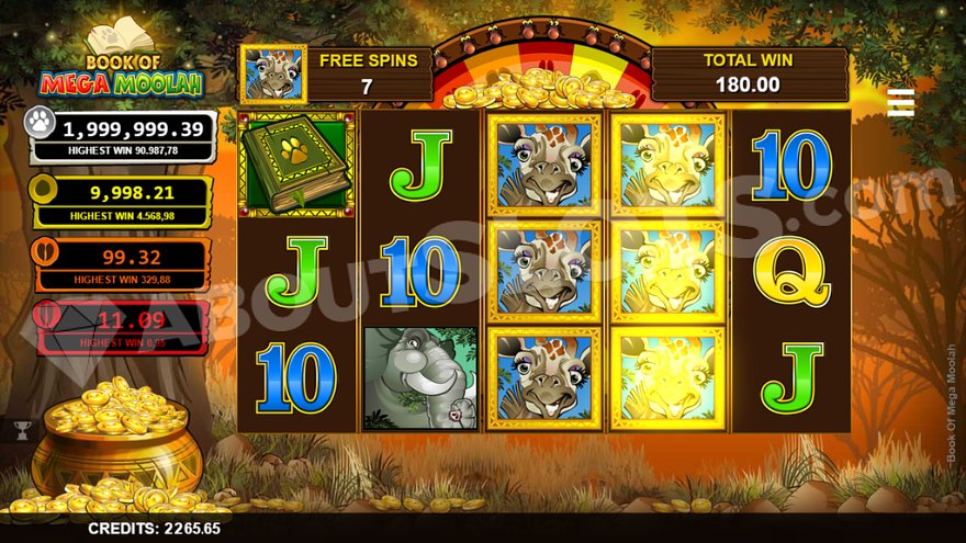 Book of Mega Moolah free spins feature with expanding symbols
