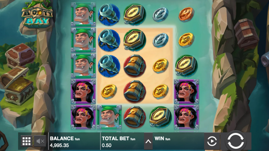 Booty Bay slot main screen showing pirate theme and treasure chests
