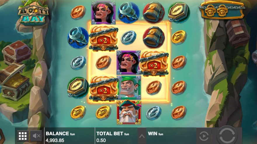 Booty Bay slot feature showing Wild multipliers and Hot Zone area