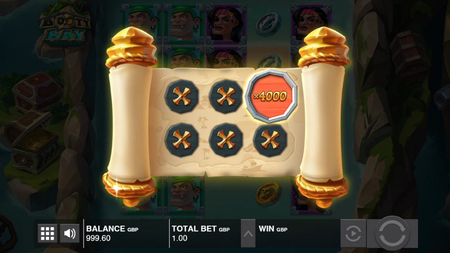 Booty Bay slot Treasure Map feature with prize selection screen