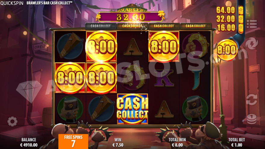 Bonus game with free spins feature showing two fighting characters beneath the reels