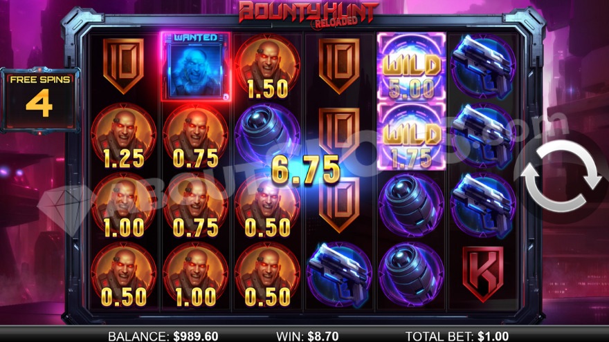 Bonus game with free spins featuring two wild symbols on the reels