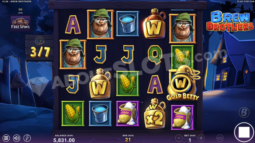 Bonus game with free spins showing the Gold Betty symbol on the fifth reel