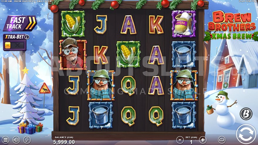 Slot machine in a snowy winter landscape with festive decorations.