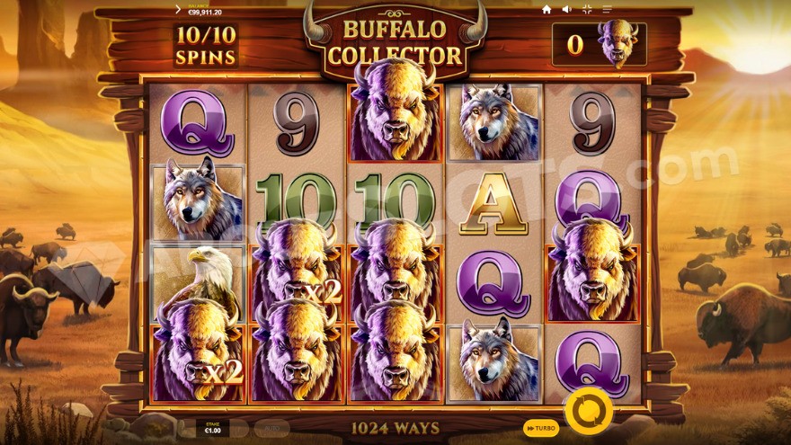 Collection feature during the tenth spin with seven buffalo symbols on the reels