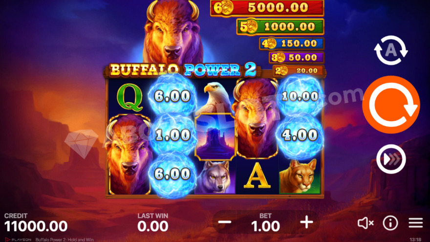 Base game of Buffalo Power 2 slot showing a large buffalo behind the reels.