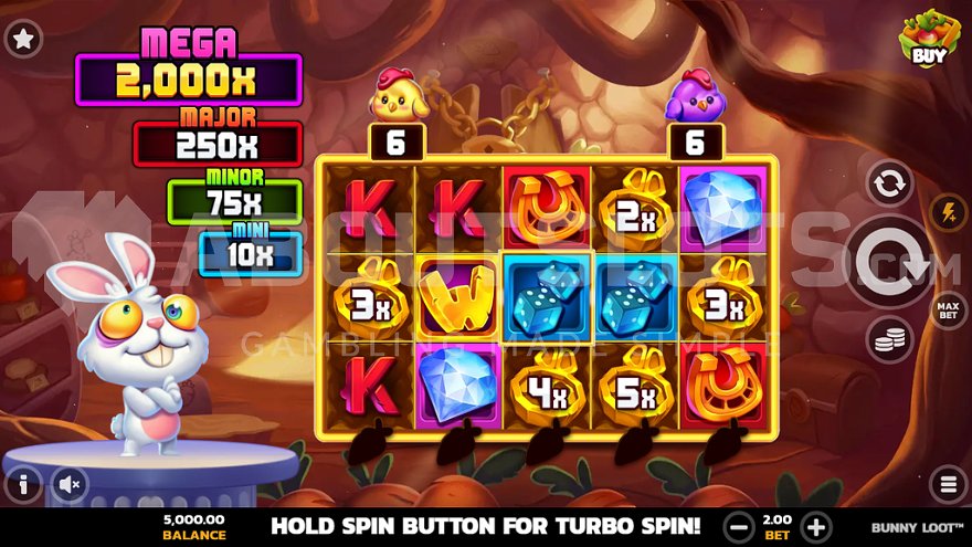 Game slot in a dungeon with a white rabbit next to the reels