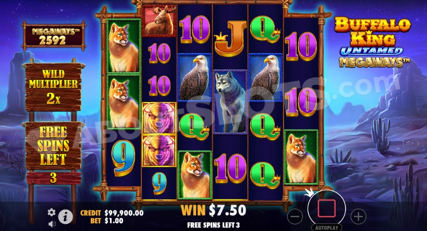 Bonus game with free spins and 2X Wild multiplier shown on the left.