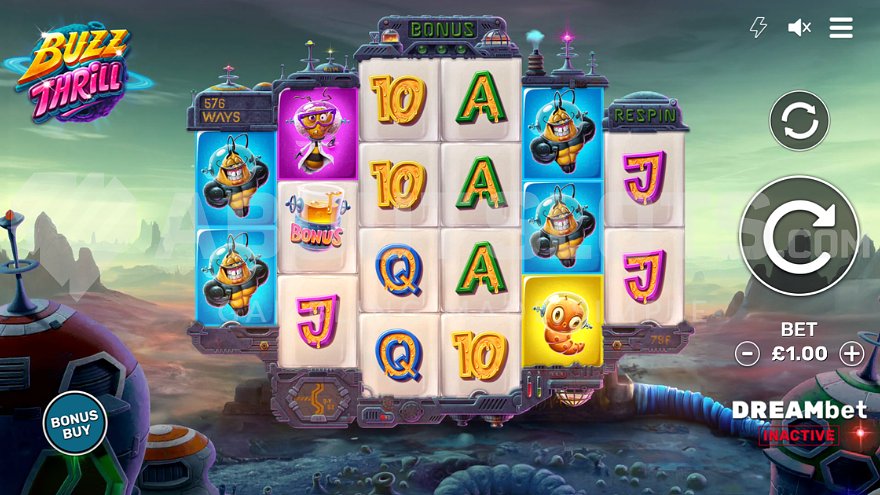 Base game view of the Buzz Thrill slot on a desert planet.