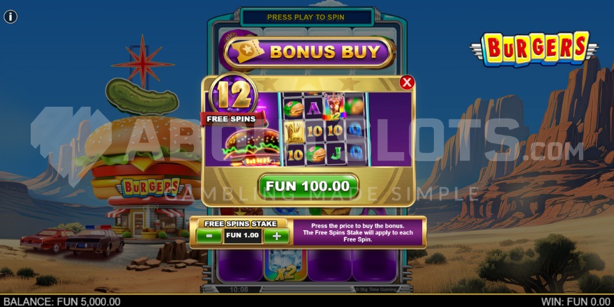 Screenshot of Burgers slot feature buy option menu