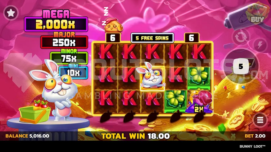 Purple bird Elma in the bottom right corner during free spins