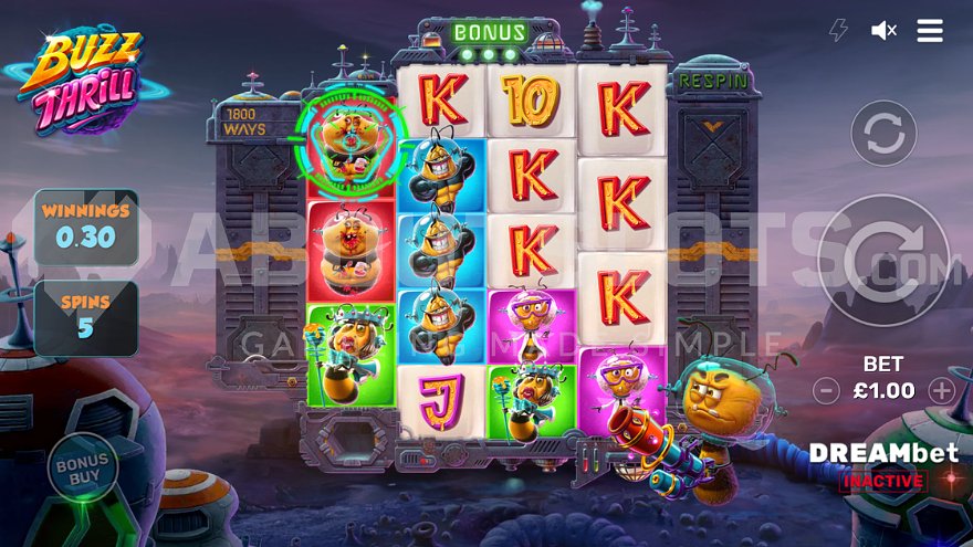 A bee shooting at the reels during free spins bonus round.