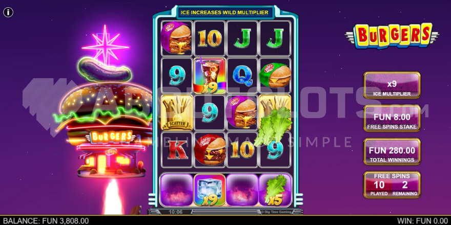 Screenshot of Burgers slot free spins feature with 9x ice cube multiplier