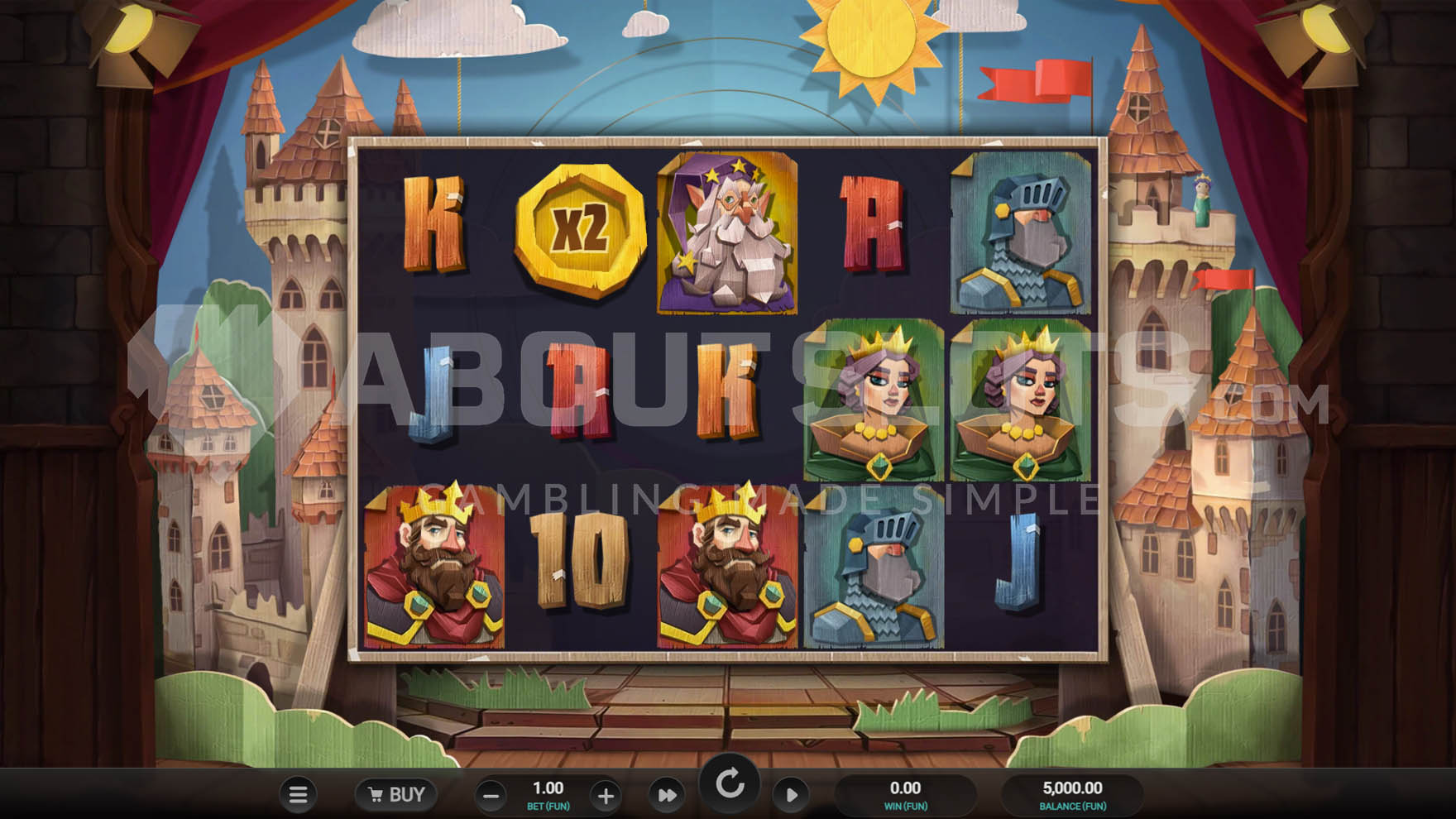 Base game showing 5x3 grid against a backdrop of cardboard decorations depicting a medieval castle