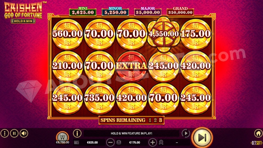 Hold and Win feature with all positions filled with coin symbols.