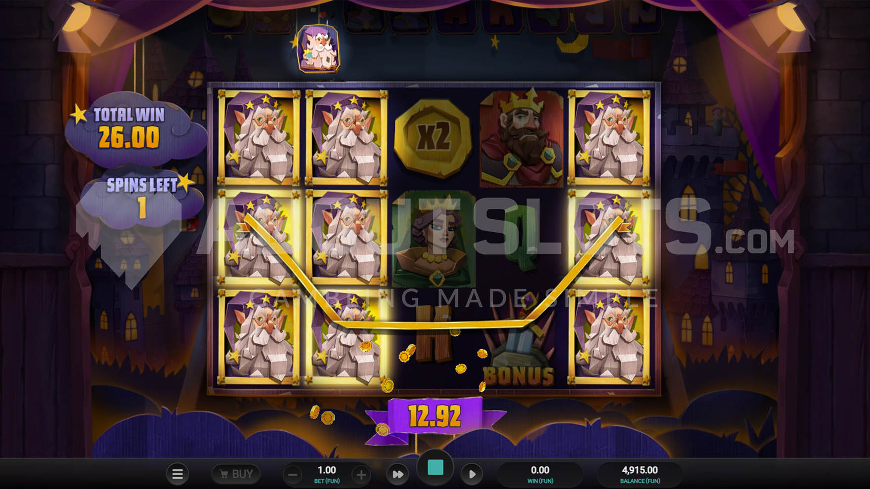 Free spins bonus round in progress with wizard symbol selected as expanding symbol, delivering wins on 3 of 5 reels