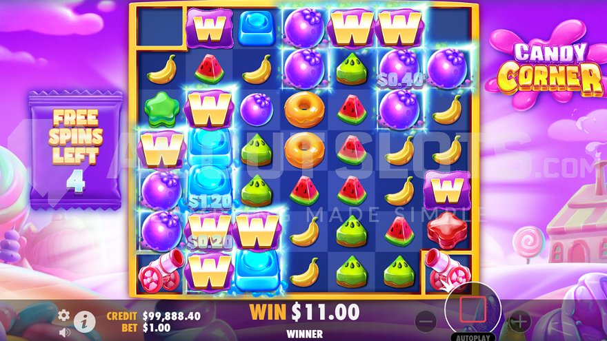 Seven Wild symbols appearing during a free spin in Candy Corner slot