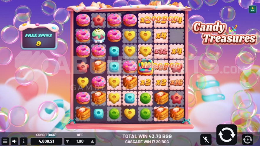 Candy Treasures 7X7 game grid during free spins