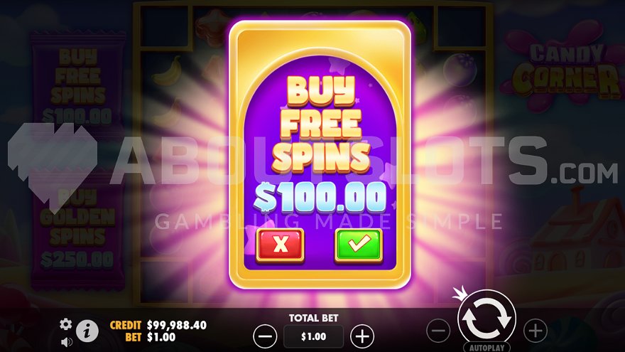Feature Buy screen offering Free Spins for 100X stake in Candy Corner slot
