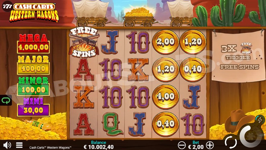 Cash Carts Western Wagons slot game interface with desert background