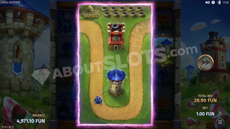 Mini-TD bonus game with two defense towers