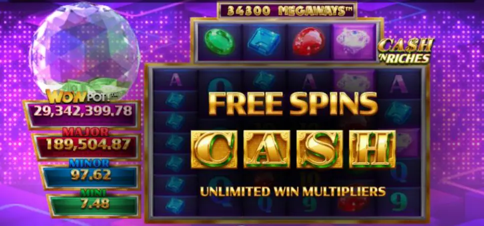 Cash 'N Riches WOWPOT Megaways slot game main screen