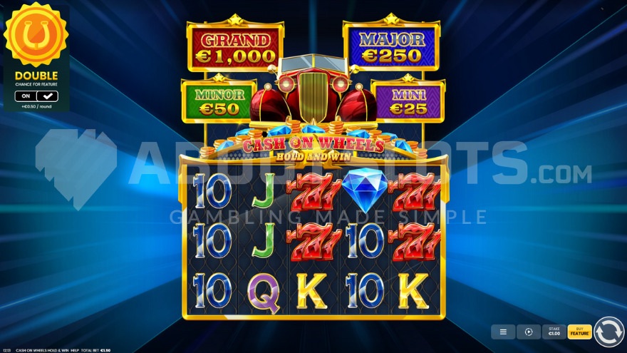 Cash on Wheels slot base game interface showing 5x3 grid with casino theme