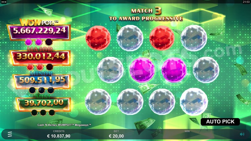 Cash 'N Riches WOWPOT Megaways free spins feature with multiplier