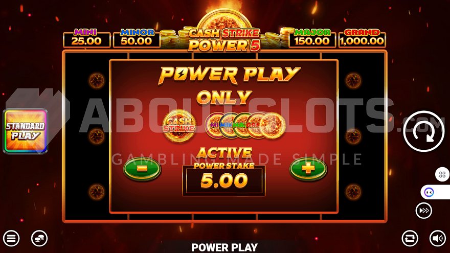 Screen offering Power Play feature for 5x stake with control panel visible.