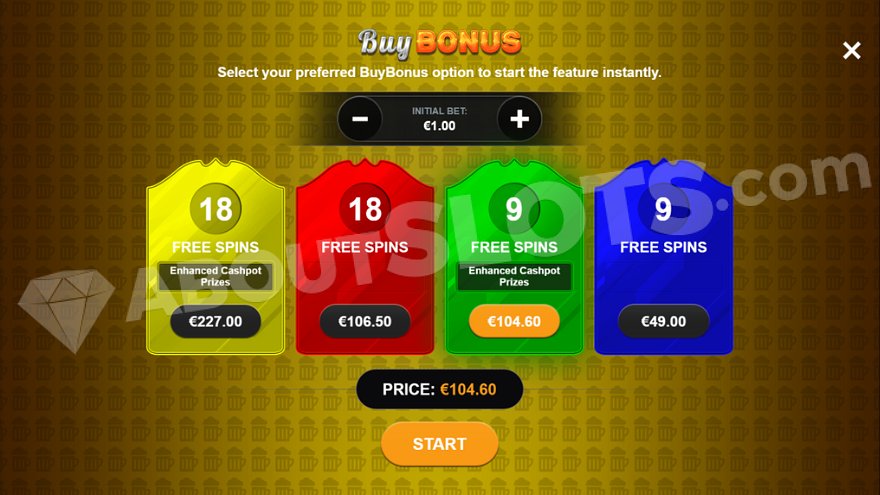 Menu with 4 different free spins options.