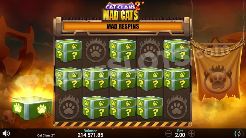 Screenshot of the Mad Respins feature with 11 mystery boxes on the game field