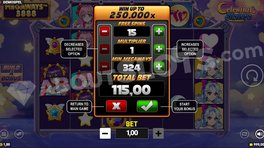 Free spins menu offering player choices for spin count, starting multiplier, and minimum ways to win.