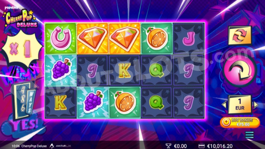 CherryPop Deluxe slot game interface showing vibrant reels