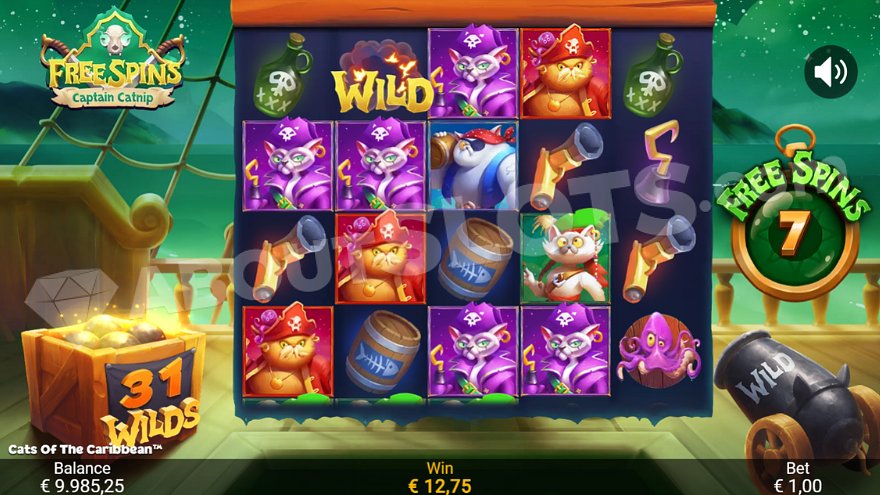 Free spins feature with Captain Red showing multiple wild symbols on the reels