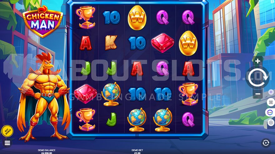 Chicken Man slot game base screen with superhero chicken character