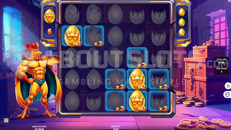 Chicken Man bonus game with Wild symbols on reels 1 and 4