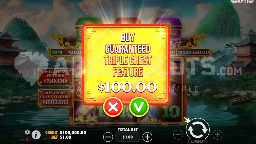 Sign showing the cost of purchasing the Triple Chests feature above the regular game grid