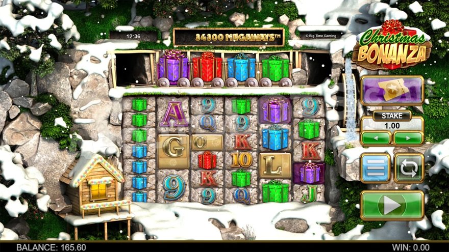 Christmas Bonanza slot game screen showing snowy mountain landscape