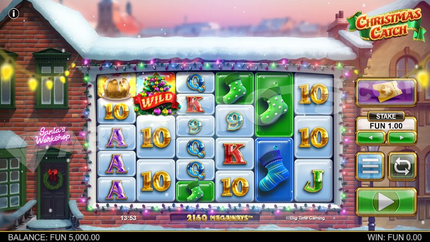 Megaways game field on the wall of Santa's workshop with Christmas decorations.