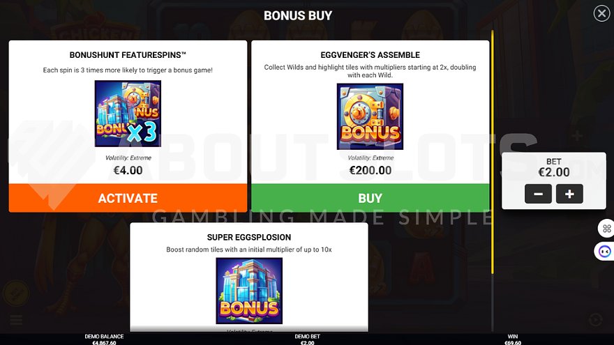 Feature Buy menu offering Eggvenger's Assemble for 100X stake and Super Eggsplosion for 200X stake