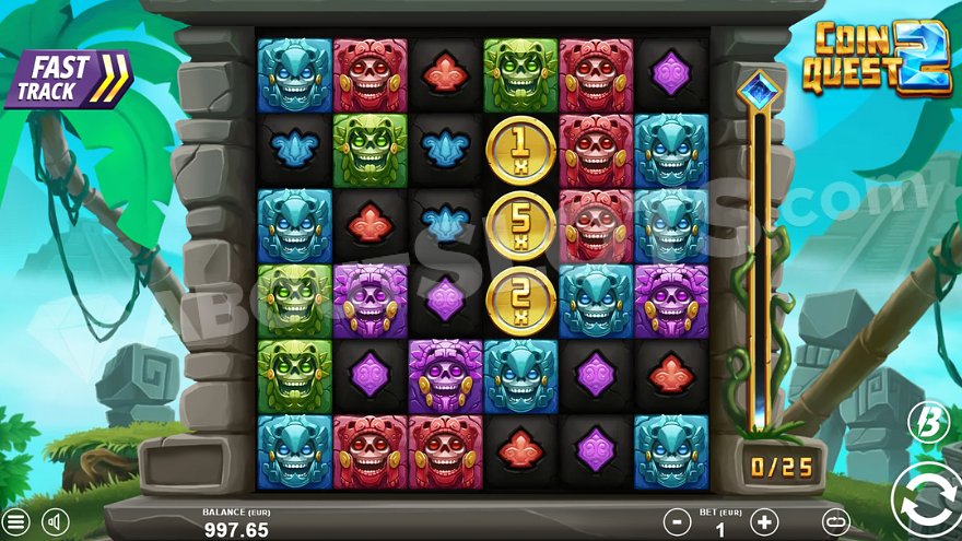 6x6 game grid framed by stone blocks with two pyramids partially visible in the upper left and right corners.