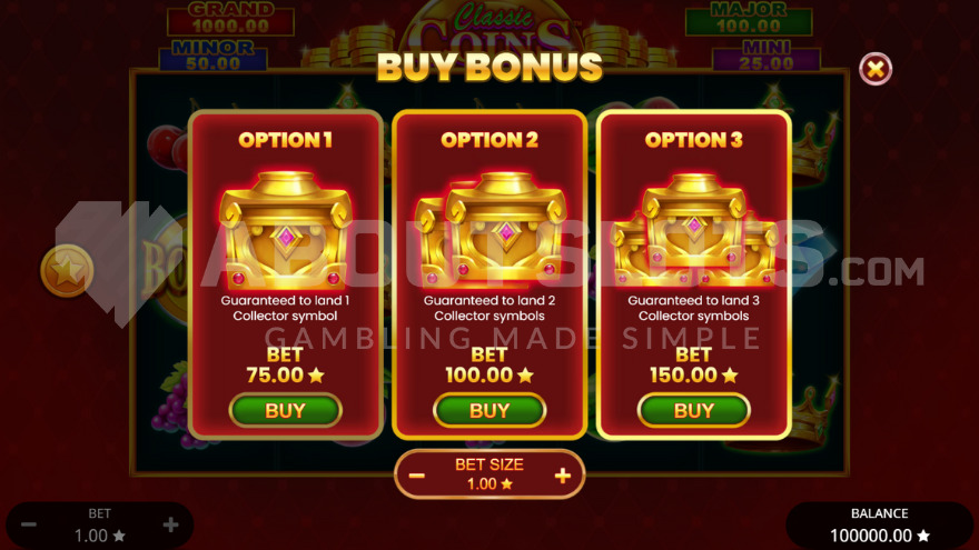 3 options for feature buy in Classic Coins slot