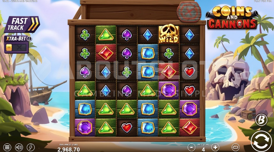 Coins and Cannons slot base game with 6x6 grid and pirate theme