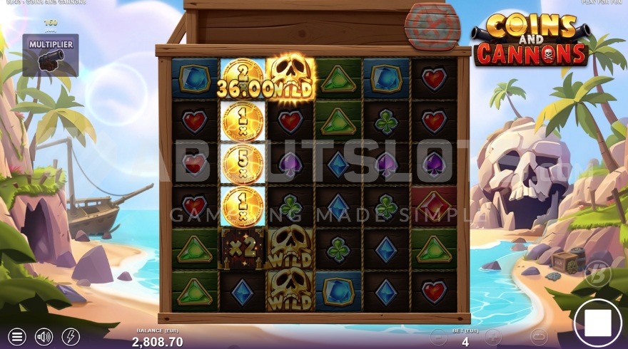 Coins and multiplier symbols in Coins and Cannons slot showing values from 1x to 40x