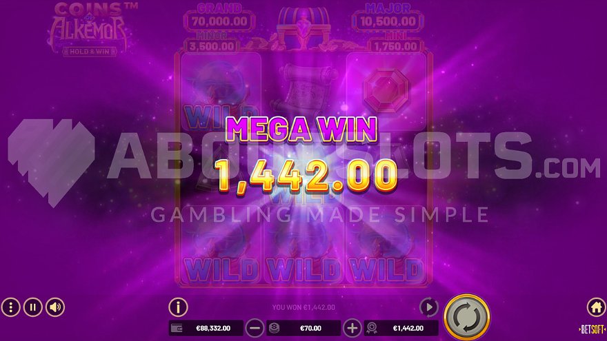 Screen displaying Mega Win 1442.00