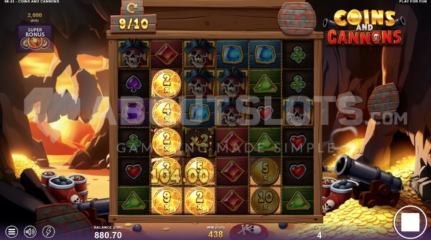 Super Free Spins mode in a cave filled with gold and cannons in Coins and Cannons slot